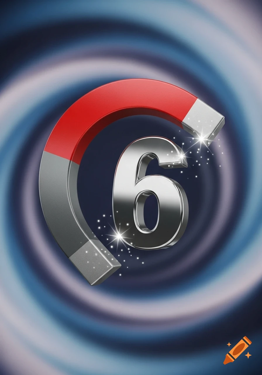 A shiny silver number 6 with sparkling effects is attracted by a red and gray horseshoe magnet, set against a blurred blue swirling background.
