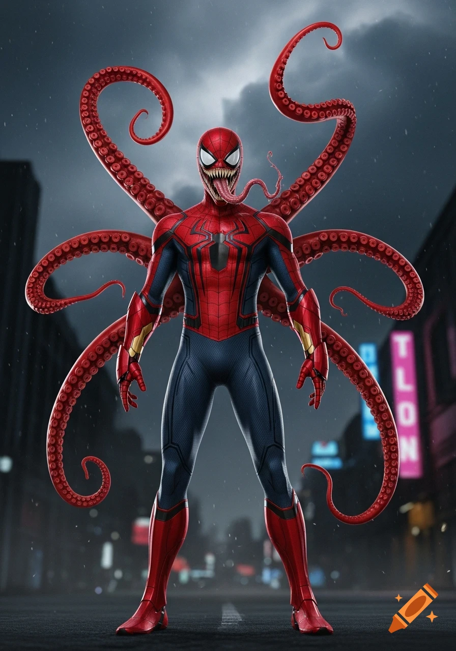 A monstrous Spider-Man-Venom-Doctor Octopus fusion character stands in a dark city street, with red tentacles emerging from his back.