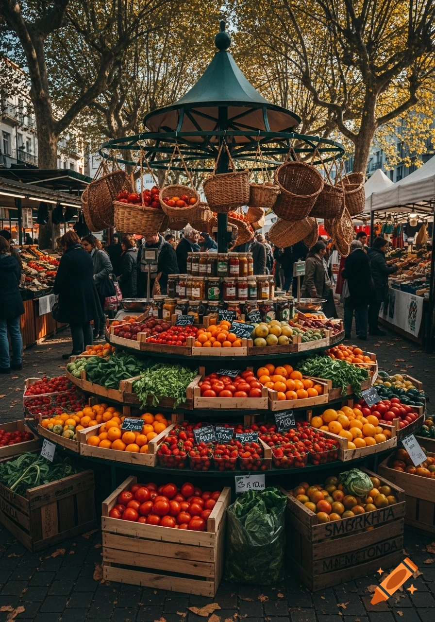 A vibrant outdoor market stall overflowing with fresh fruits and vegetables, including tomatoes, oranges, and strawberries, under an ornate canopy, with people browsing in the background.