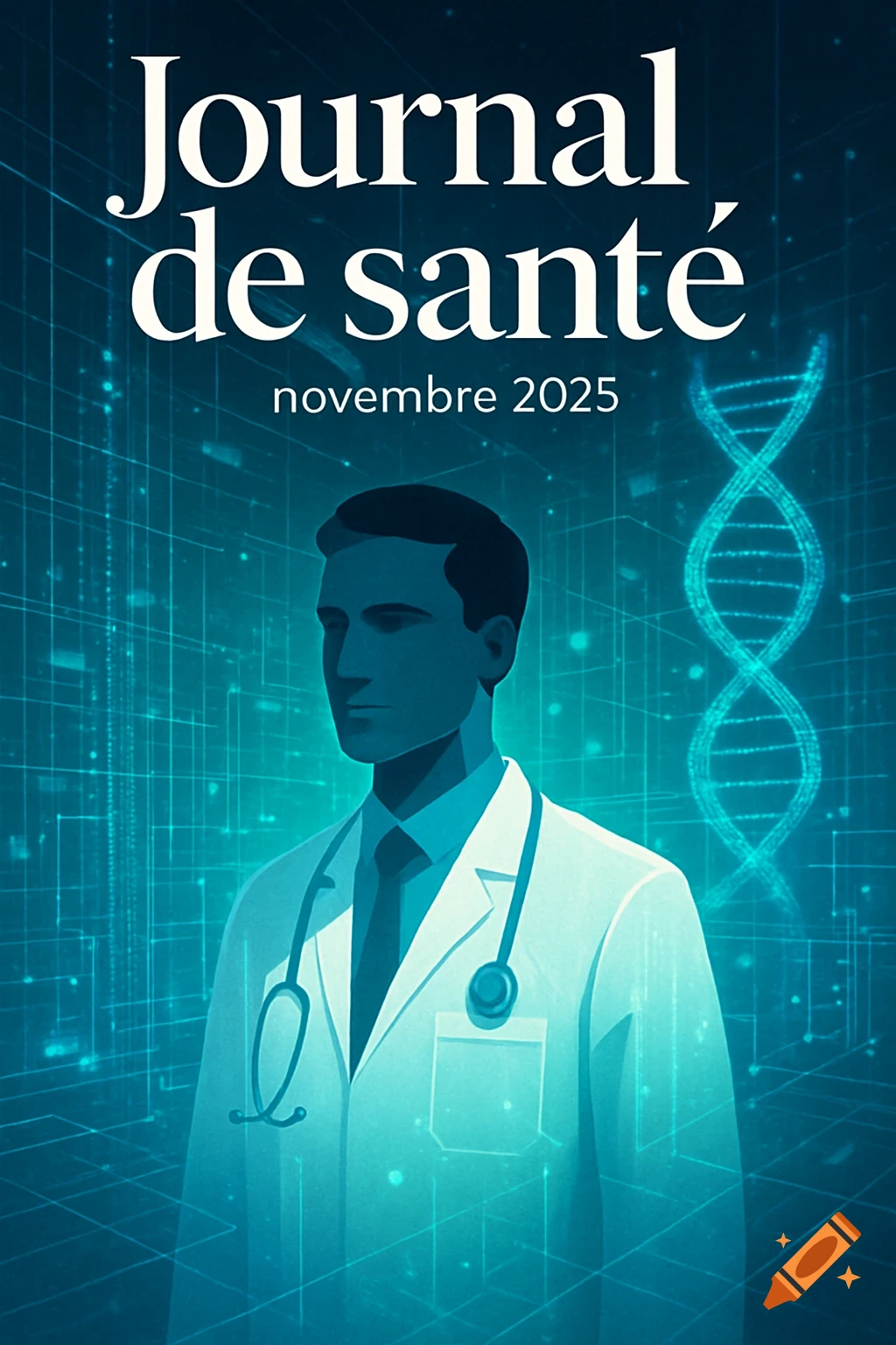 A stylized illustration of a doctor in a lab coat with a stethoscope, digital grid, and DNA helix. Text reads 'Journal de santé, novembre 2025'.