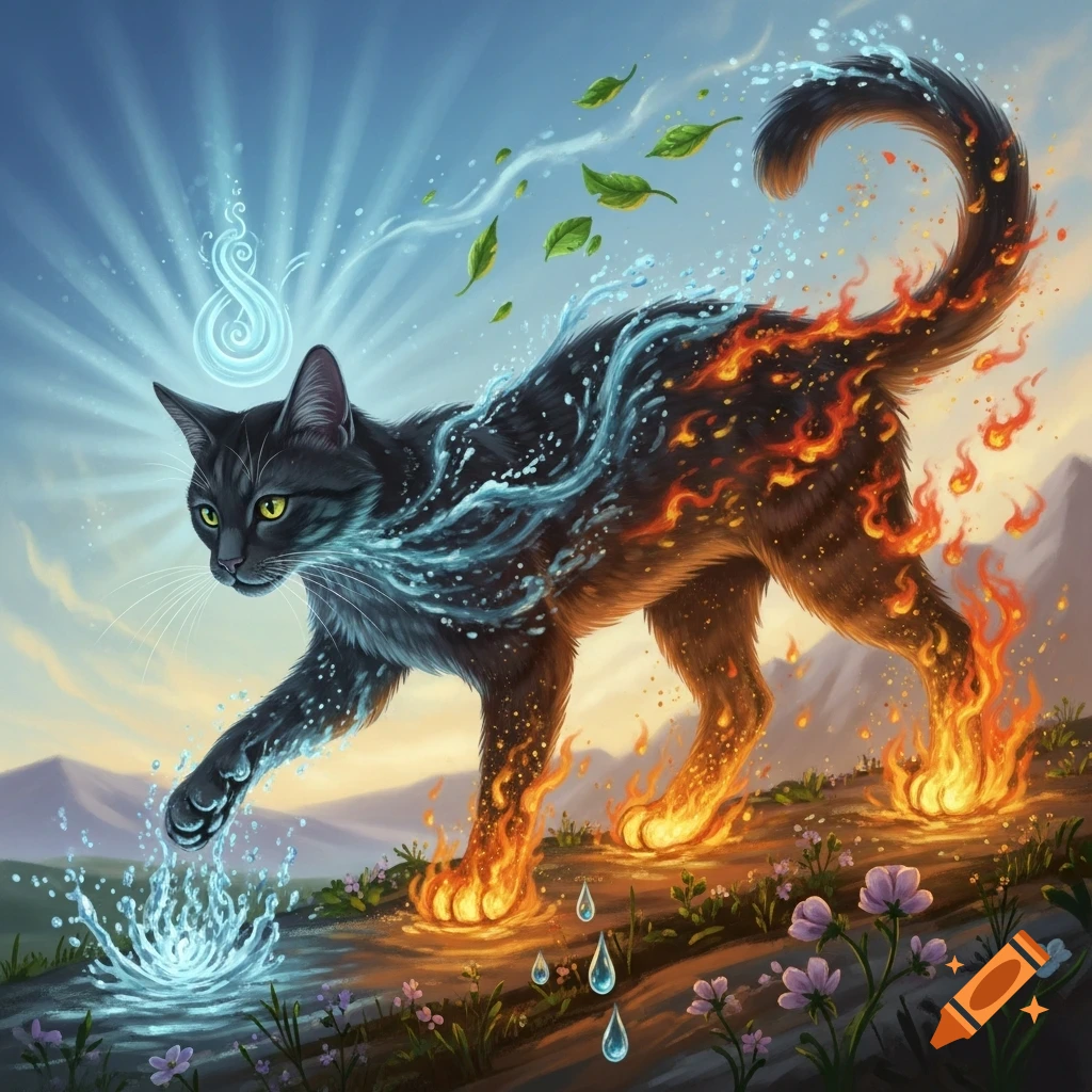 Majestic black cat, half water and half fire, walking on a path, creating a water splash and dripping fire.