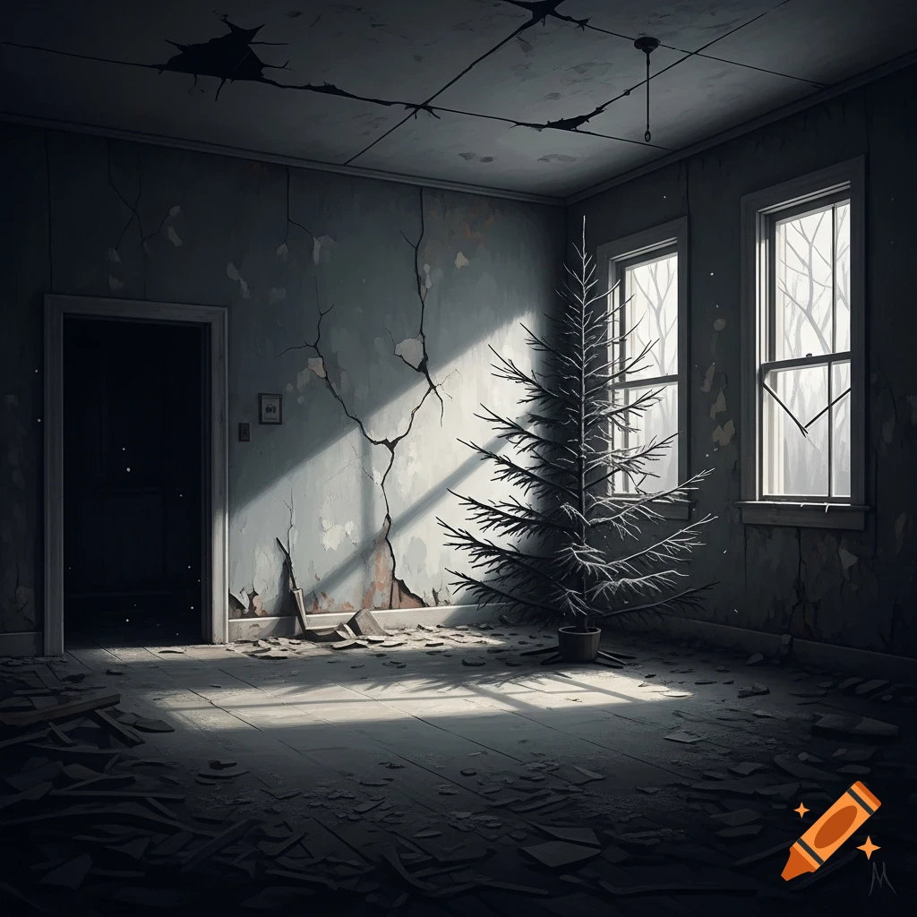 A desolate, cracked room with a bare Christmas tree, debris on the floor, and dim light from broken windows, in a painterly style.