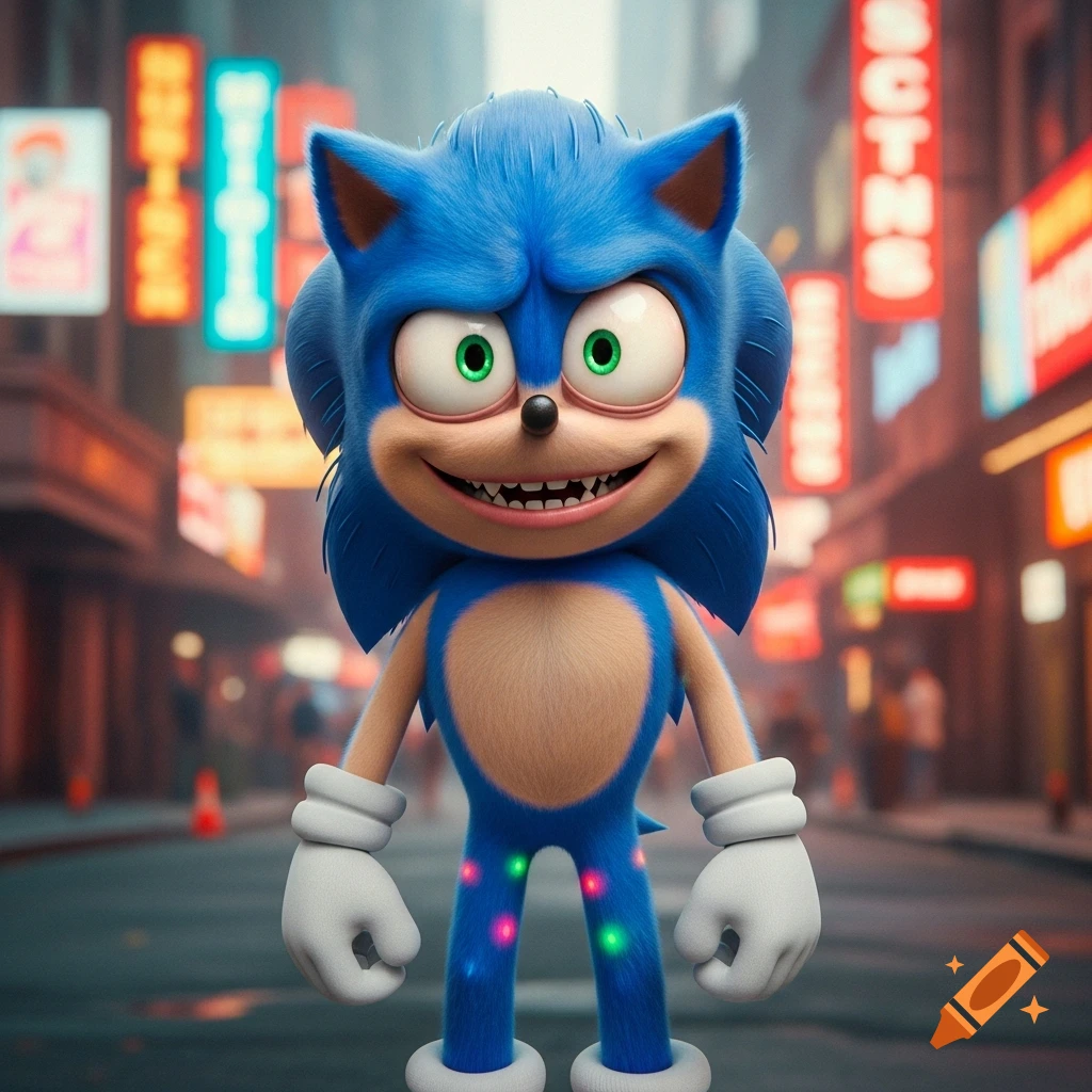 Ugly Sonic with wide eyes and a smile stands on a blurry city street lined with colorful neon signs.