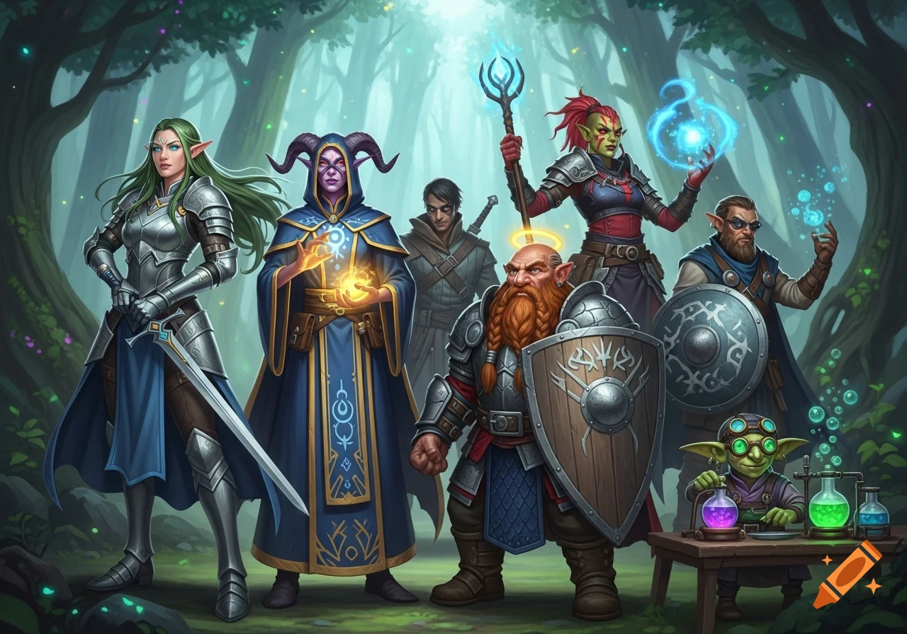 A diverse group of fantasy adventurers, including an elf, tiefling, orc, human, dwarf, and goblin, stand in a magical forest.