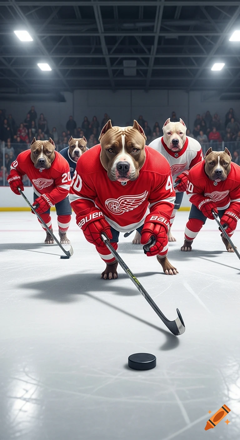 A team of pit bulls in red and white hockey jerseys skates on an ice rink, one dog positioned to hit the puck.