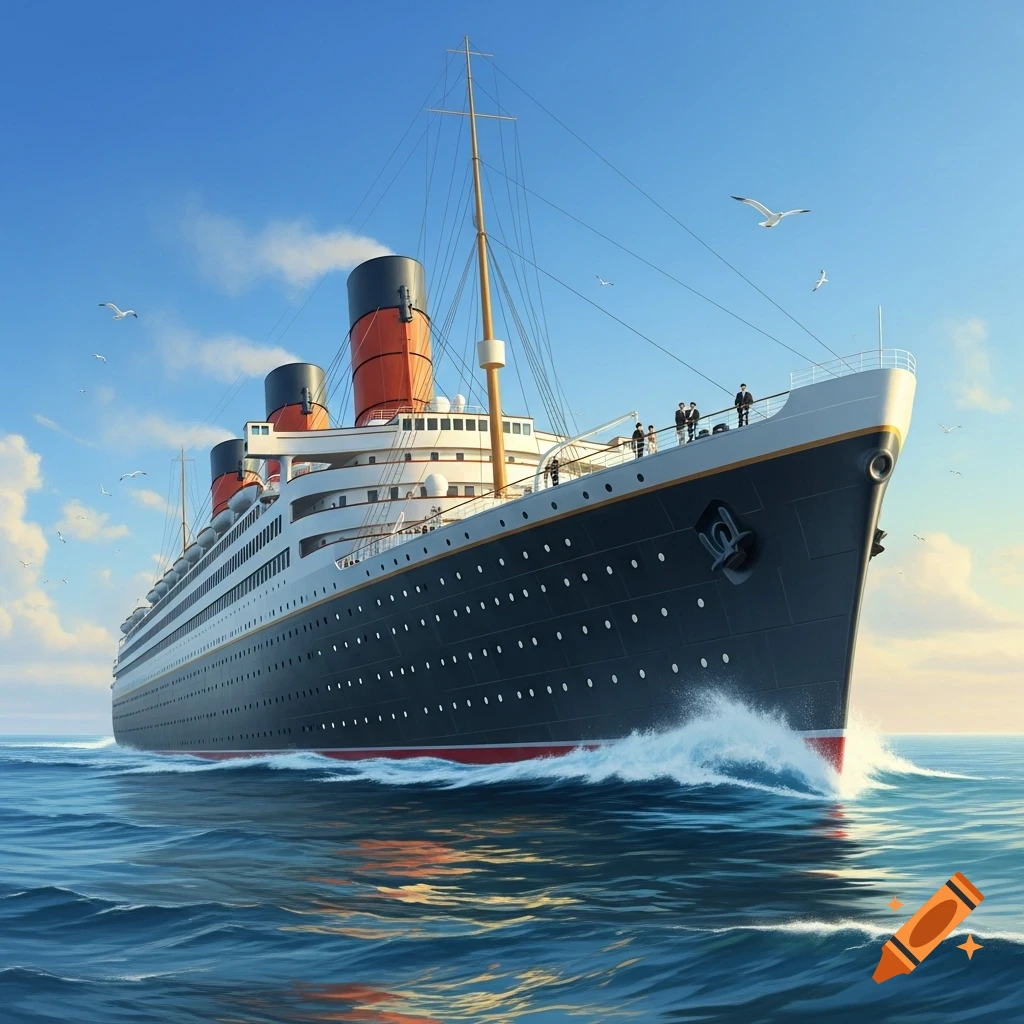 A large, classic ocean liner with three red and black smokestacks steams across a blue sea under a clear sky.