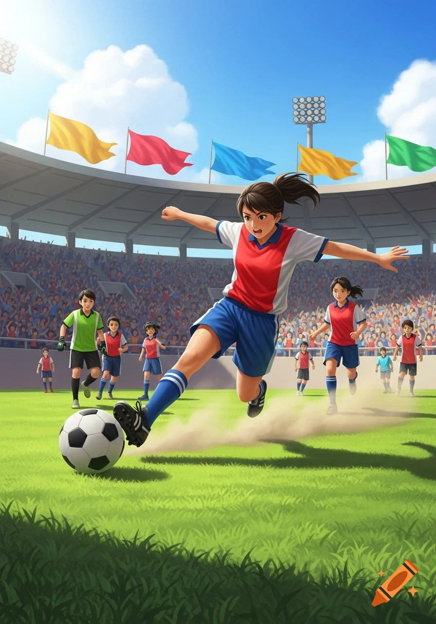An animated girl in a red and blue uniform kicks a soccer ball on a green field in a stadium with a crowd and flags under a bright blue sky.
