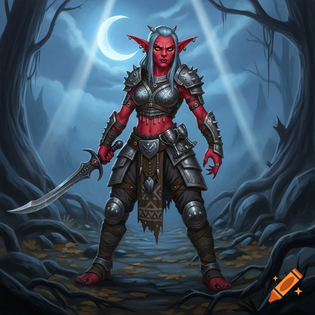 A red-skinned female goblin fighter with white hair, small horns, and pointed ears, wearing armor and holding a sword in a moonlit forest.