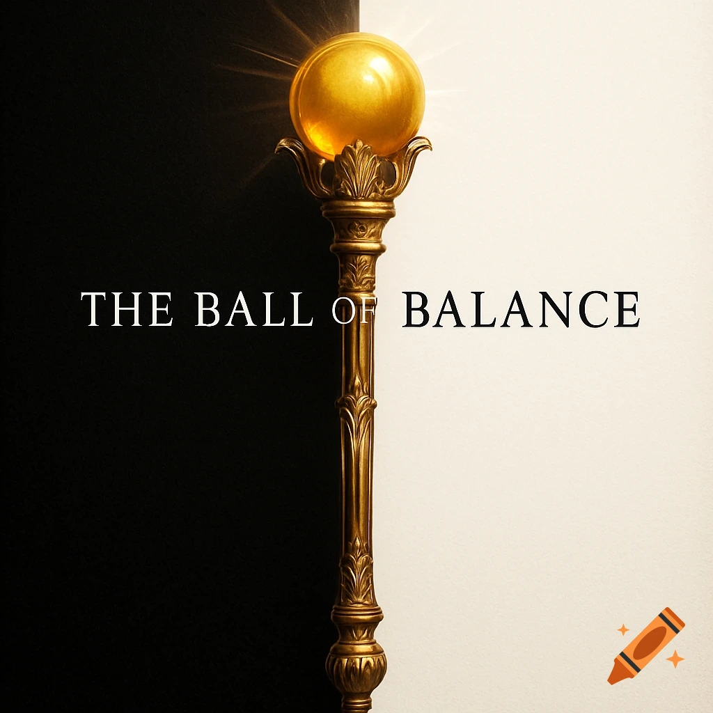 A golden scepter with an illuminating orb at its peak stands against a backdrop split between black and white, featuring the text "THE BALL OF BALANCE".