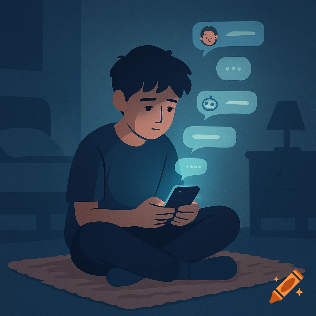 Flat illustration of a teenage boy sitting on the floor in a dark room, looking at his glowing phone with chat bubbles.