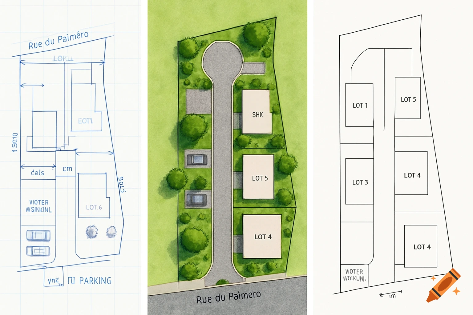 Three side-by-side top-down subdivision plans of a land parcel with a road, houses, and parking. Styles include a blue blueprint, a colorful urban rendering, and a minimalist black-and-white outline.