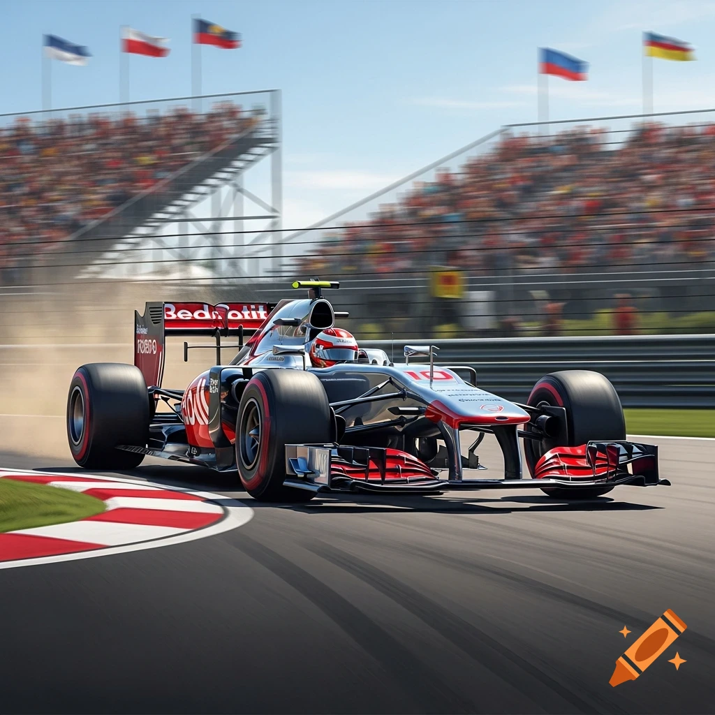 A red and silver Formula 1 race car speeds around a turn on a track, with spectators in the background.