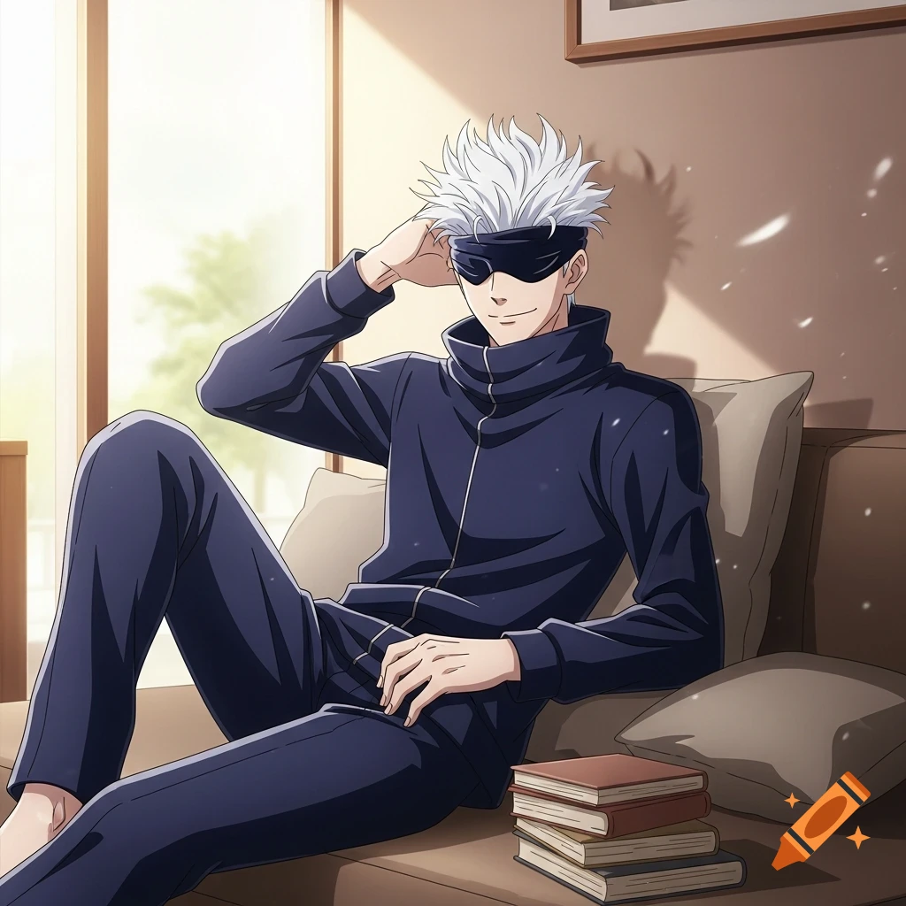 Anime illustration of Gojo Satoru with white hair and blindfold, smiling, relaxing on a couch with books.