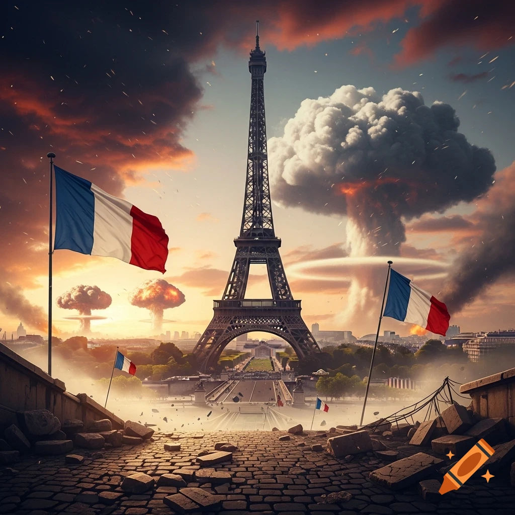 Eiffel Tower stands amidst mushroom clouds, French flags, and rubble in an apocalyptic cityscape at sunset.