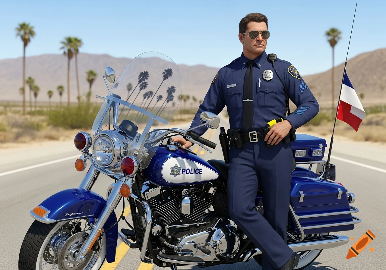 An ultra-realistic image of a police officer in a blue uniform and sunglasses, standing next to a blue and white police motorcycle on a desert road with palm trees.