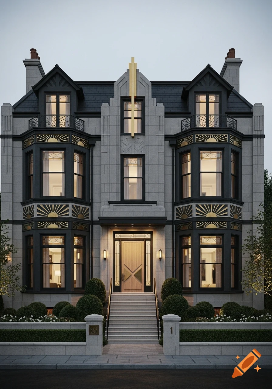 A grand, symmetrical Art Deco house with a gray stone facade, dark trim, and gold sunburst and linear accents at dusk.