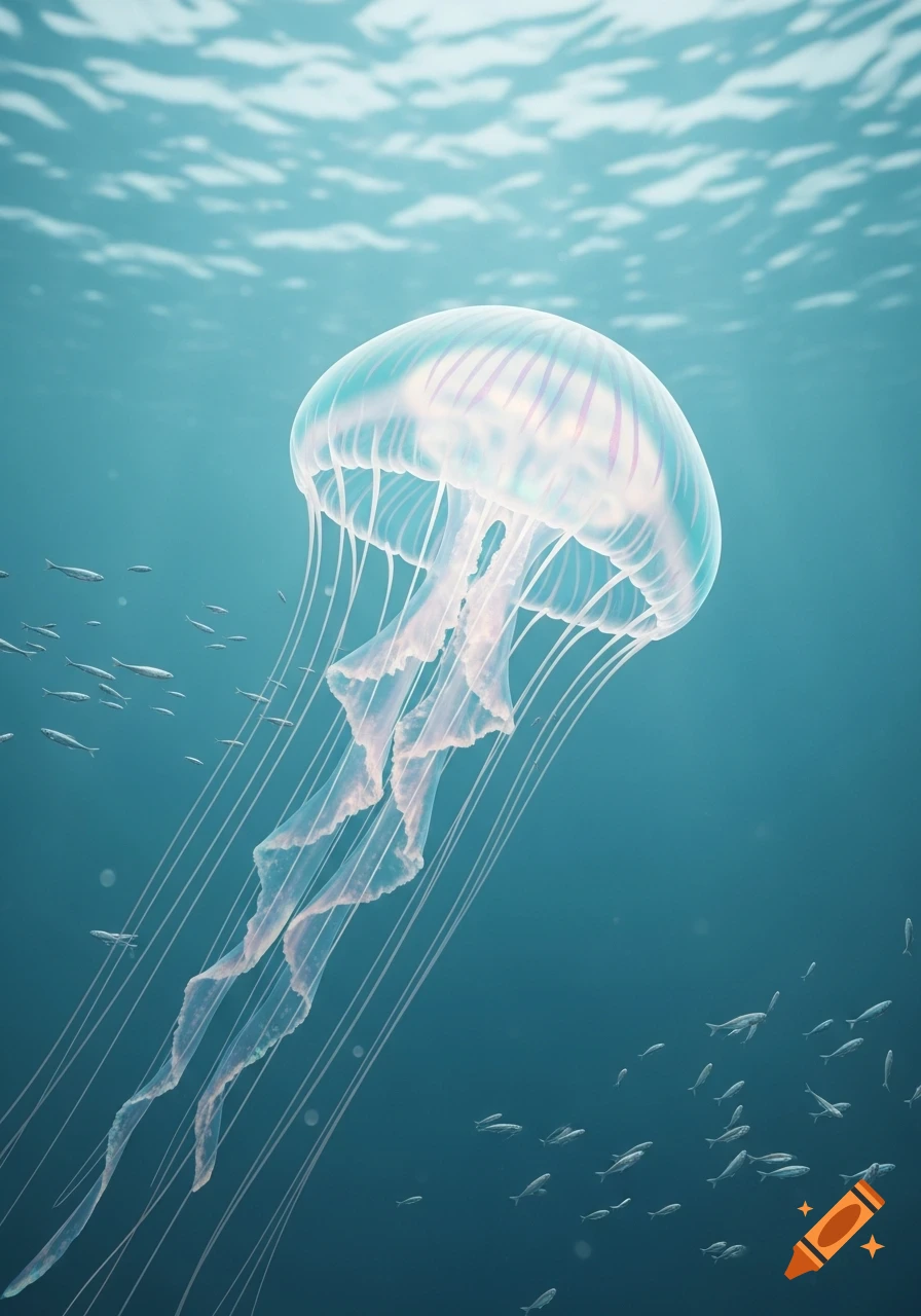 A translucent, glowing jellyfish with long tentacles swims in clear blue-green ocean water with schools of small fish and light ripples above.