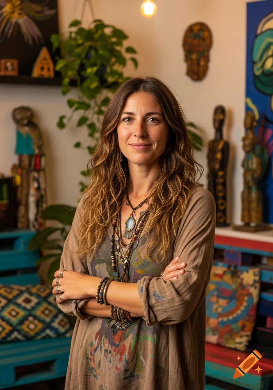 A young woman with long wavy brown hair, wearing a bohemian outfit with many necklaces, stands smiling with crossed arms in a cozy, artistic room.