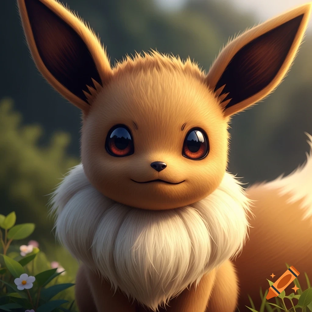Ultra-realistic, fluffy Eevee with big brown eyes, sitting in a lush green outdoor setting with warm cinematic lighting.