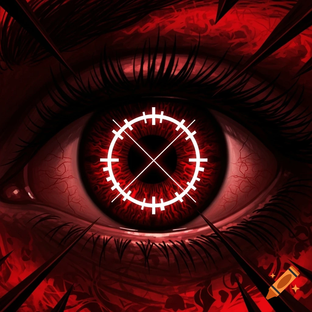 Digital art close-up of a bloodshot red eye with a white target reticle in the pupil, surrounded by sharp black spikes.