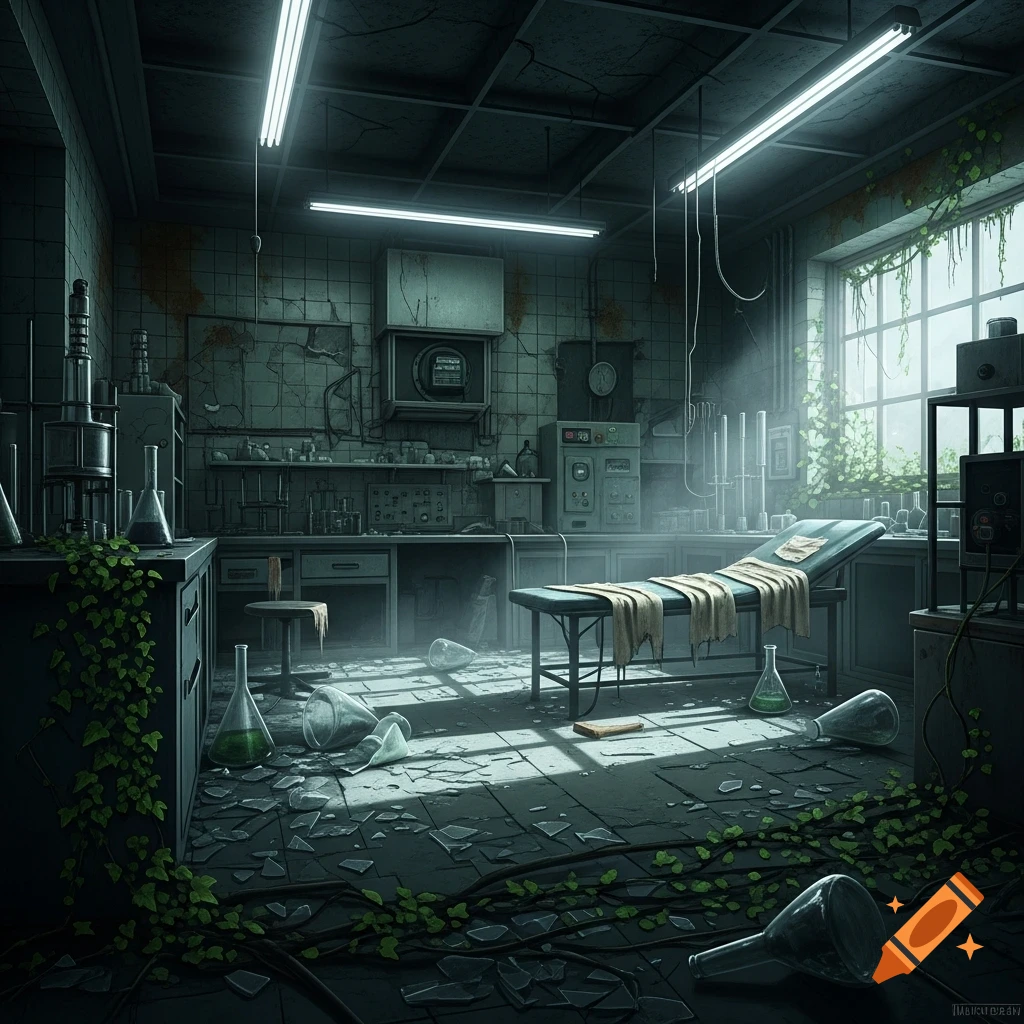 A desolate, overgrown abandoned laboratory with broken glass, scientific equipment, and a medical cot, bathed in eerie light.