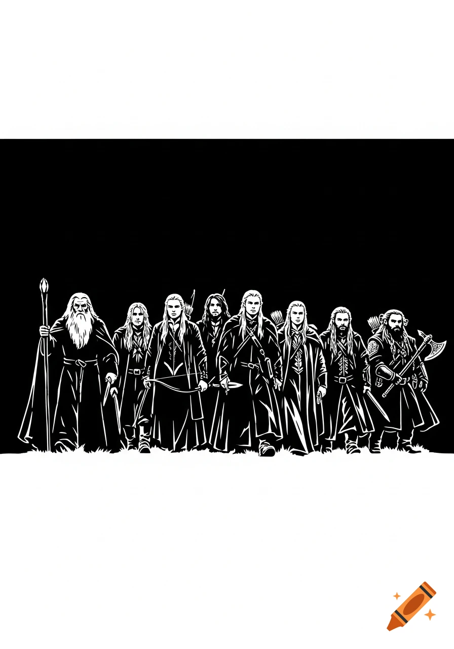 A black and white stencil silhouette illustration of the Fellowship of the Ring standing in a line.
