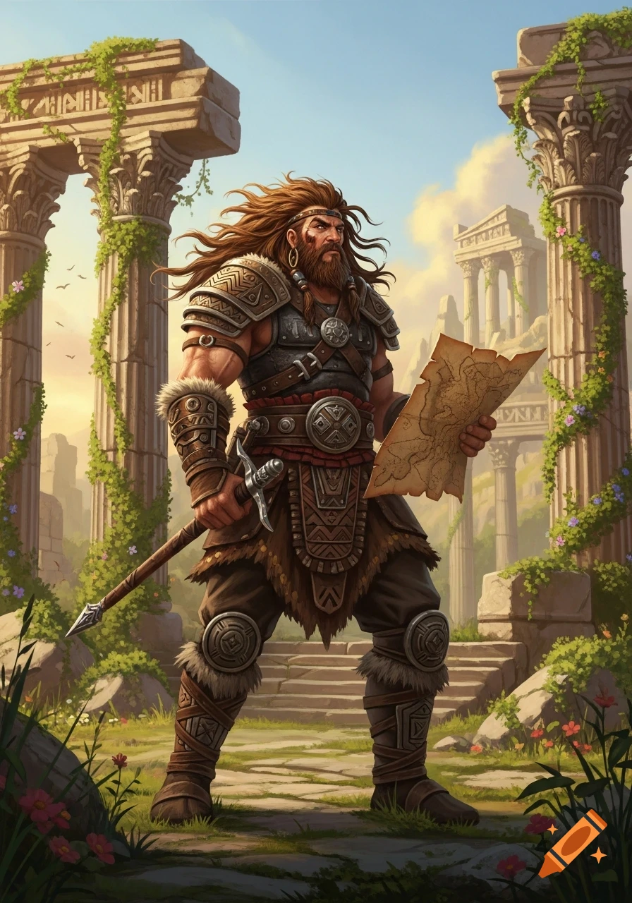 A muscular barbarian warrior with long hair and beard stands amidst ancient ruins, holding a spear and a map.