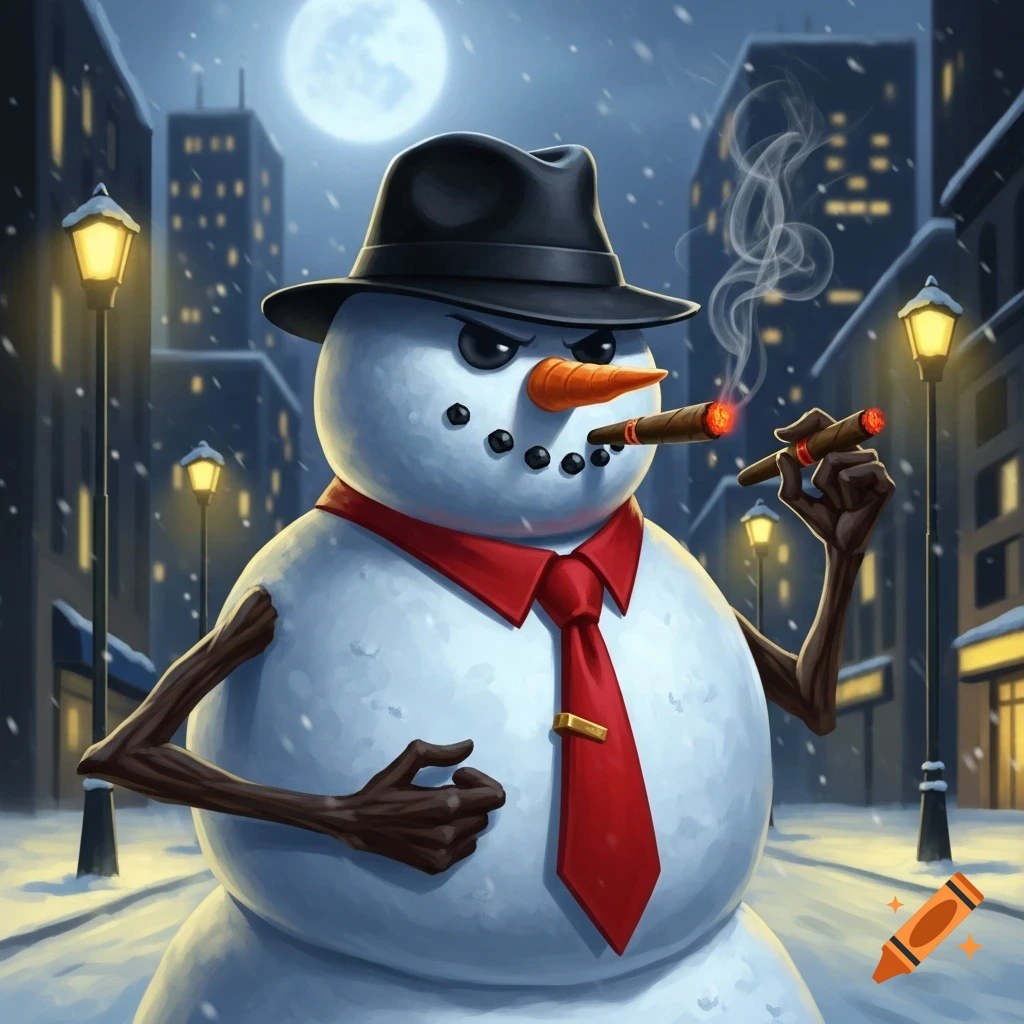 A cartoon snowman in a black fedora and red tie smokes a cigar in a snowy city at night under a full moon.