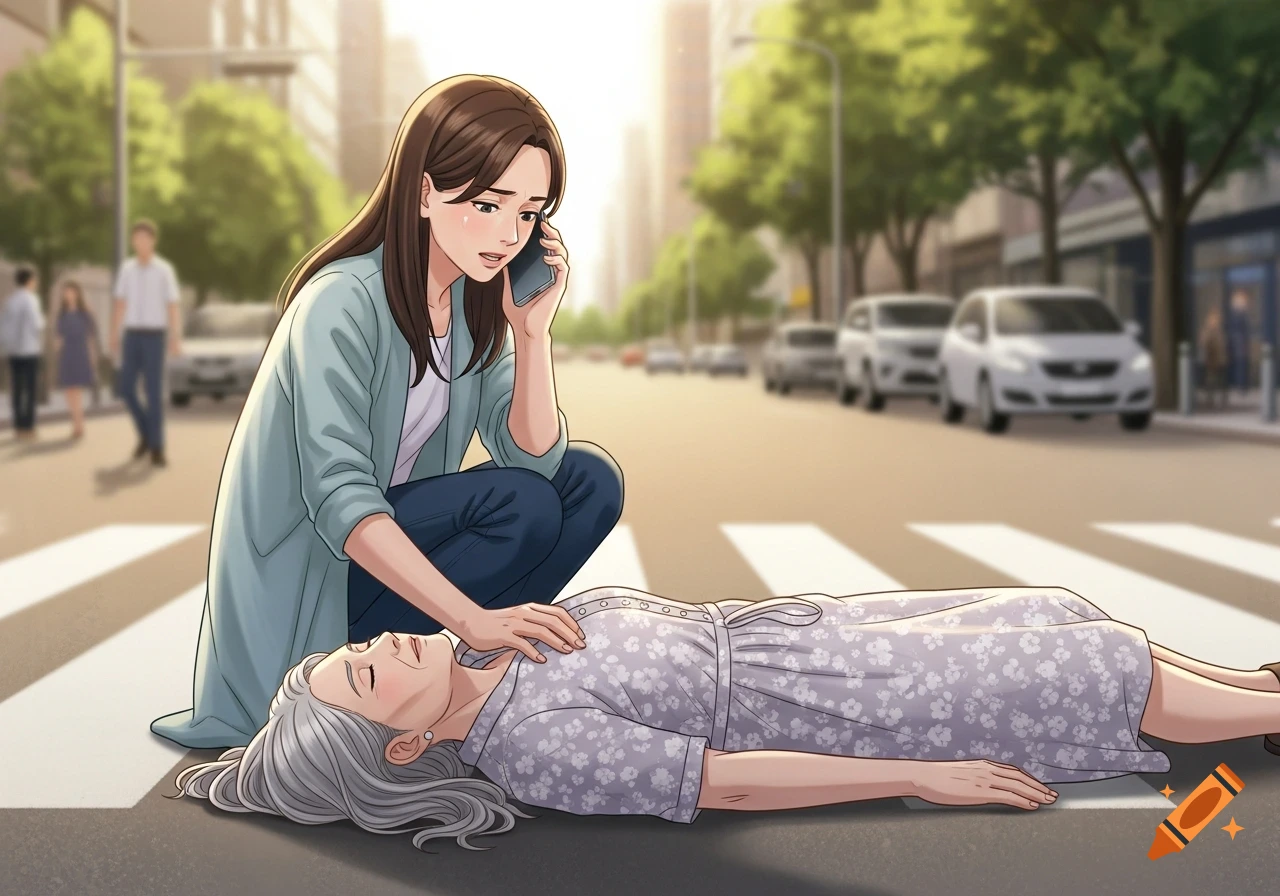 Anime illustration of a young woman calling for help and checking the pulse of an unconscious elderly woman on a city zebra crossing.