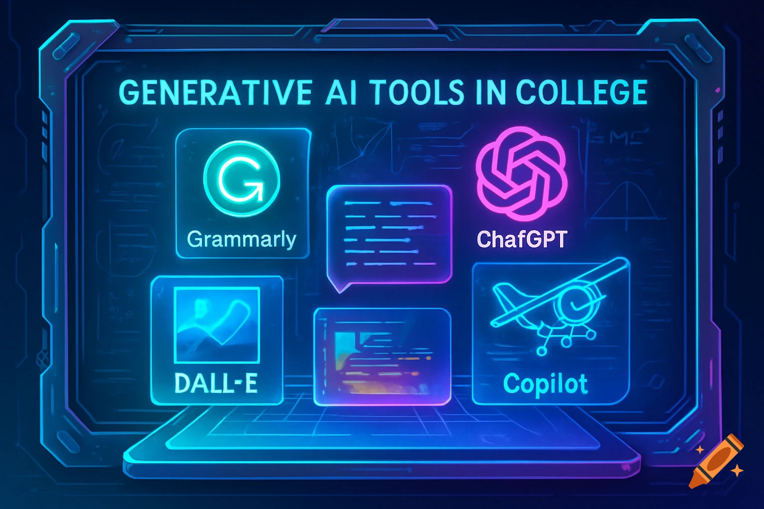 A futuristic digital illustration of a laptop screen showcasing generative AI tools like Grammarly, ChafGPT, DALL-E, and Copilot for college.