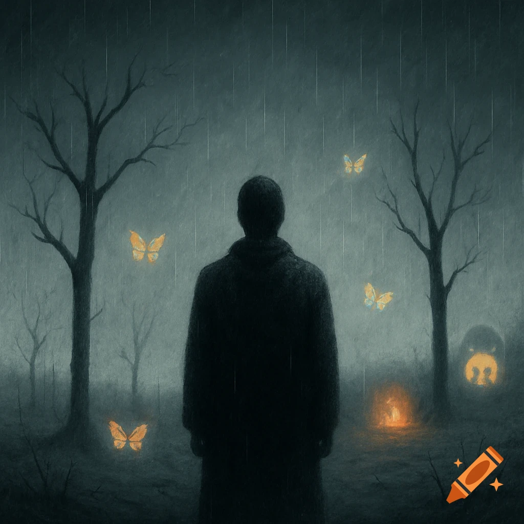A solitary figure stands in a dark, rainy landscape with bare trees, illuminated by glowing butterflies and a distant fire.