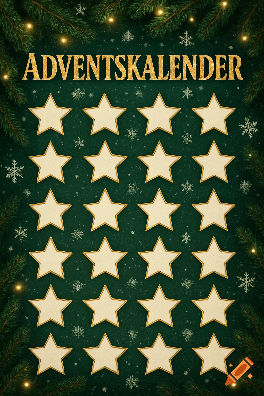 A festive Advent calendar poster with golden "ADVENTSKALENDER" text and 24 blank gold stars on a dark green background with pine branches, lights, and snowflakes.