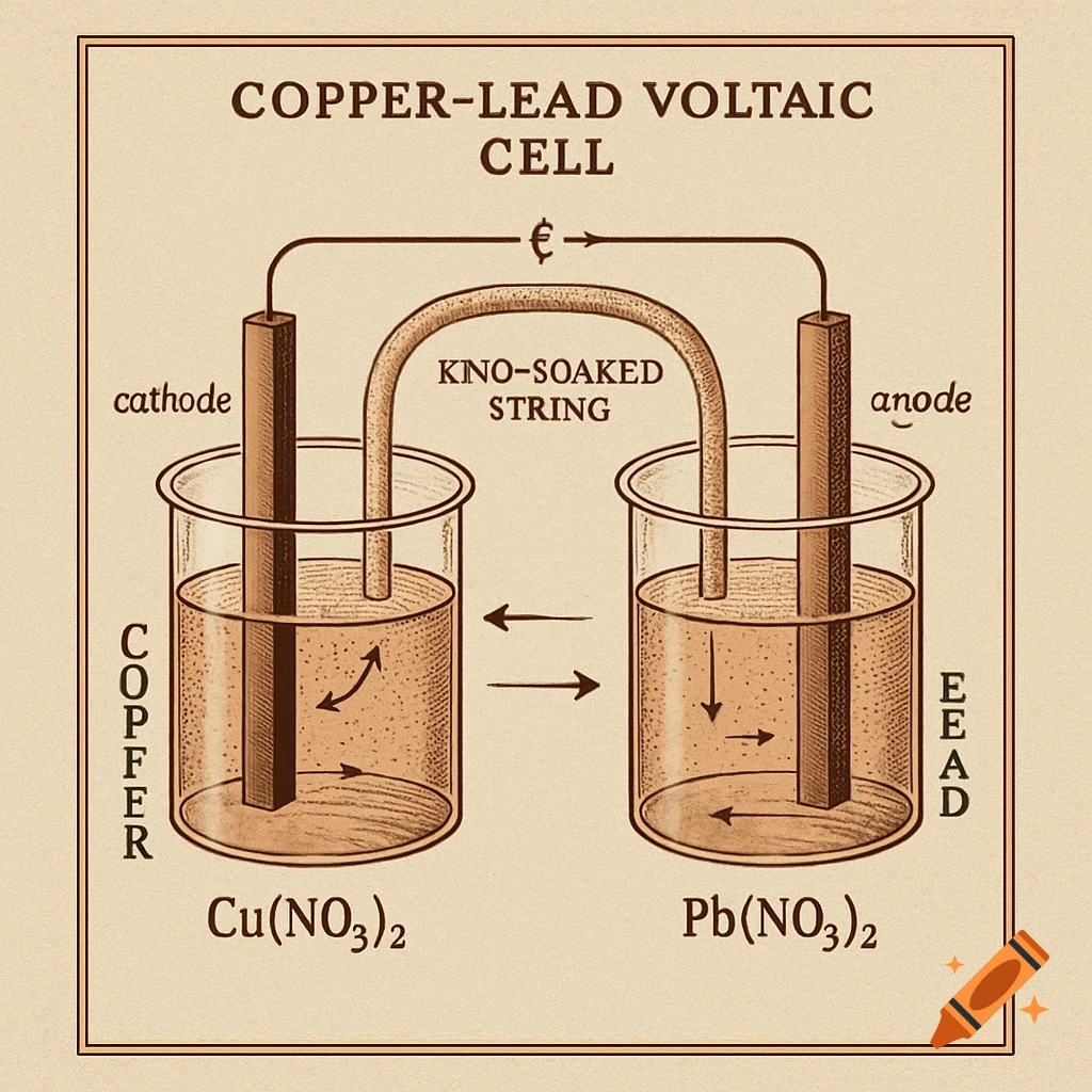 A detailed schematic of a copper-lead voltaic cell, showing two beakers with electrodes, solutions, and a salt bridge labeled with chemical formulas and components.