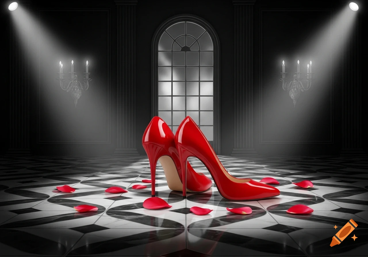 Shiny red high heels on a black and white tiled floor with red rose petals in a dark, elegant room under spotlights.
