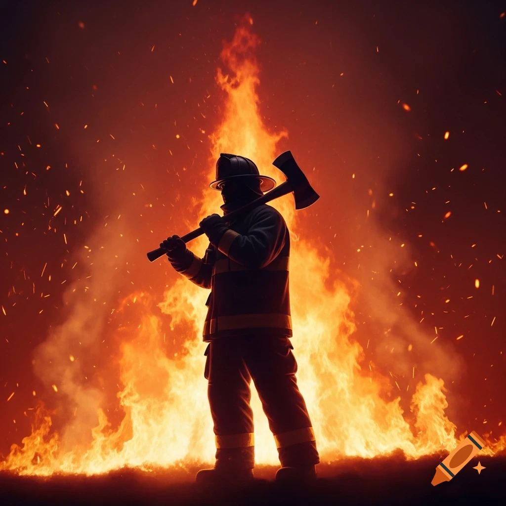 A silhouetted firefighter holds an axe in a hero pose against a backdrop of roaring flames and embers.