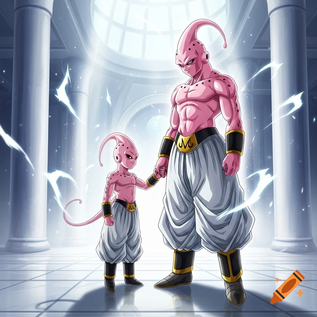 Super Buu and Kid Buu, two pink muscular alien-like characters, holding hands in a bright, futuristic hall.