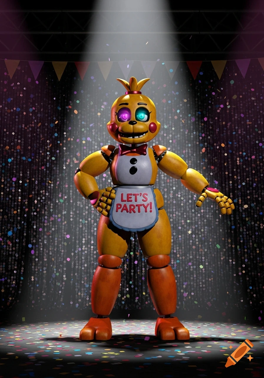 A yellow animatronic chicken with pink cheeks and mismatched eyes wears a bib that says 'LET'S PARTY!' on a glittery stage.