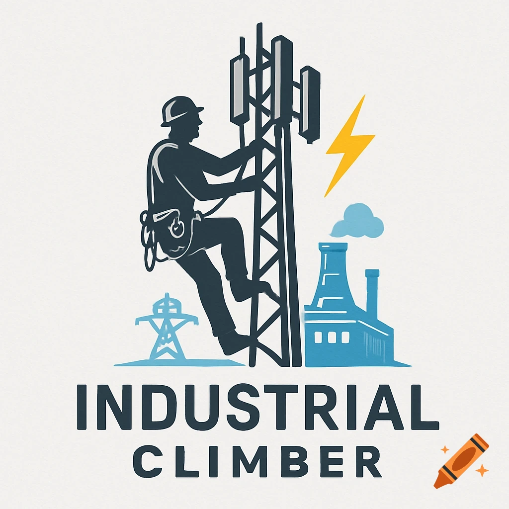 A stylized logo shows a silhouetted industrial climber ascending a cell tower, with a factory building, power lines, and a lightning bolt. Text reads "INDUSTRIAL CLIMBER".