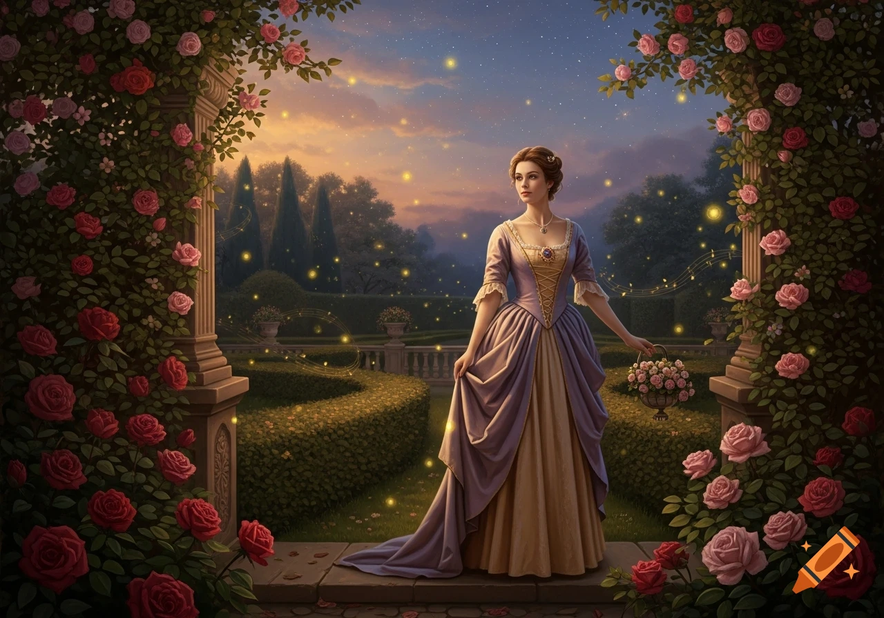A woman in a flowing purple and gold gown stands in a fantastical rose garden at dusk, surrounded by glowing fireflies and musical notes.