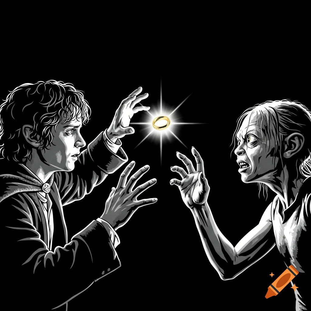 Stylized black and white illustration of Frodo Baggins and Gollum reaching for the glowing One Ring against a black background.