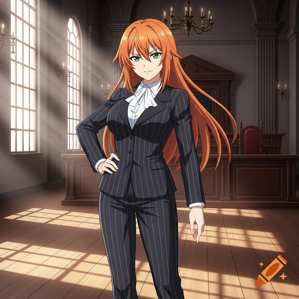 Anime-style female lawyer with long orange hair and green eyes, wearing a pinstripe suit in a courtroom.