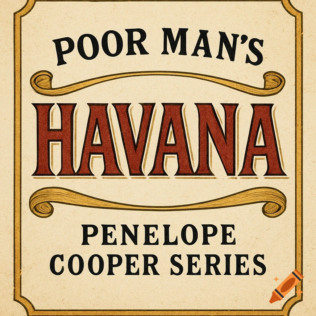 Vintage-style label with 'POOR MAN'S HAVANA' and 'PENELOPE COOPER SERIES' in red and black serif fonts on a cream background with gold banners.