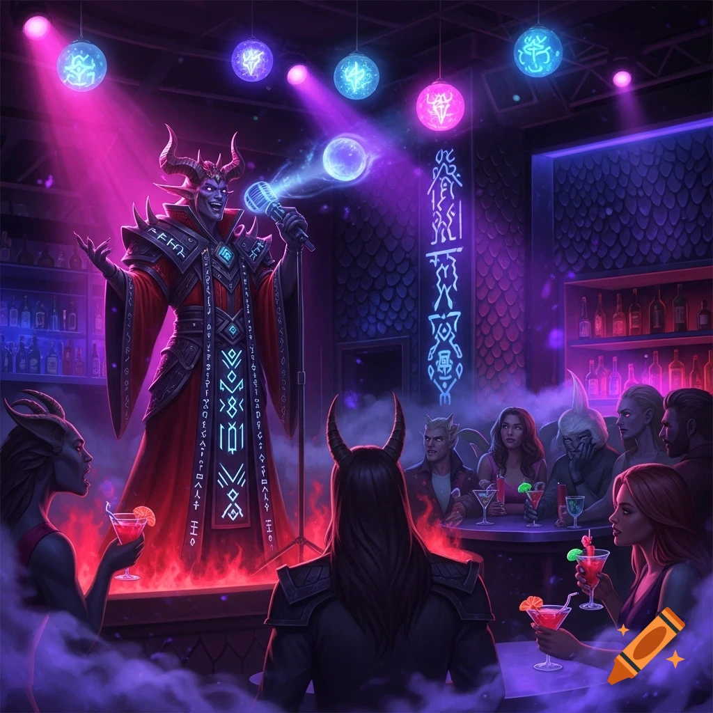 A demon king with horns and a glowing red robe sings karaoke on stage in a neon-lit bar, as other horned creatures and people watch with drinks.