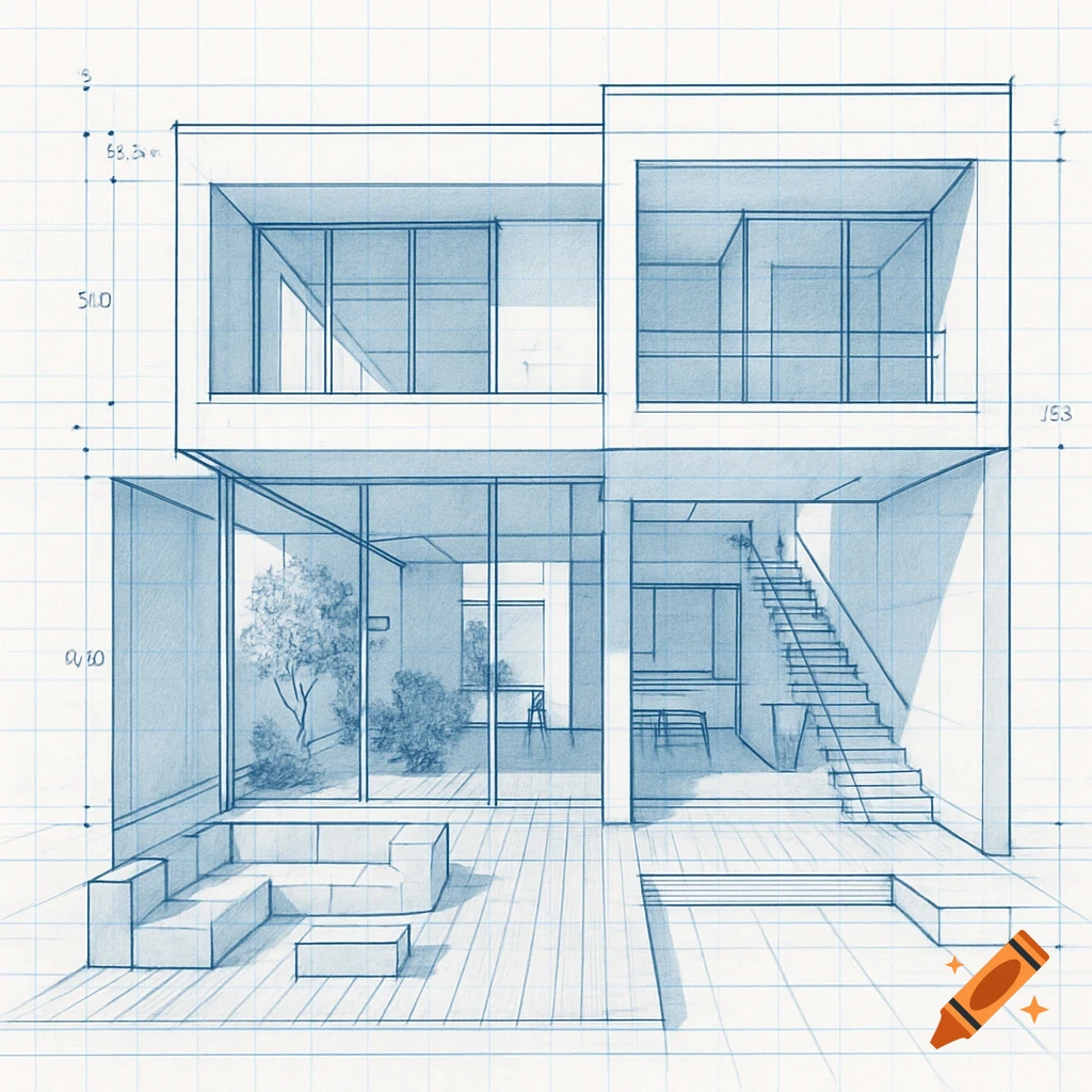 A blue architectural blueprint drawing of a modern two-story house with an outdoor patio and interior courtyard.