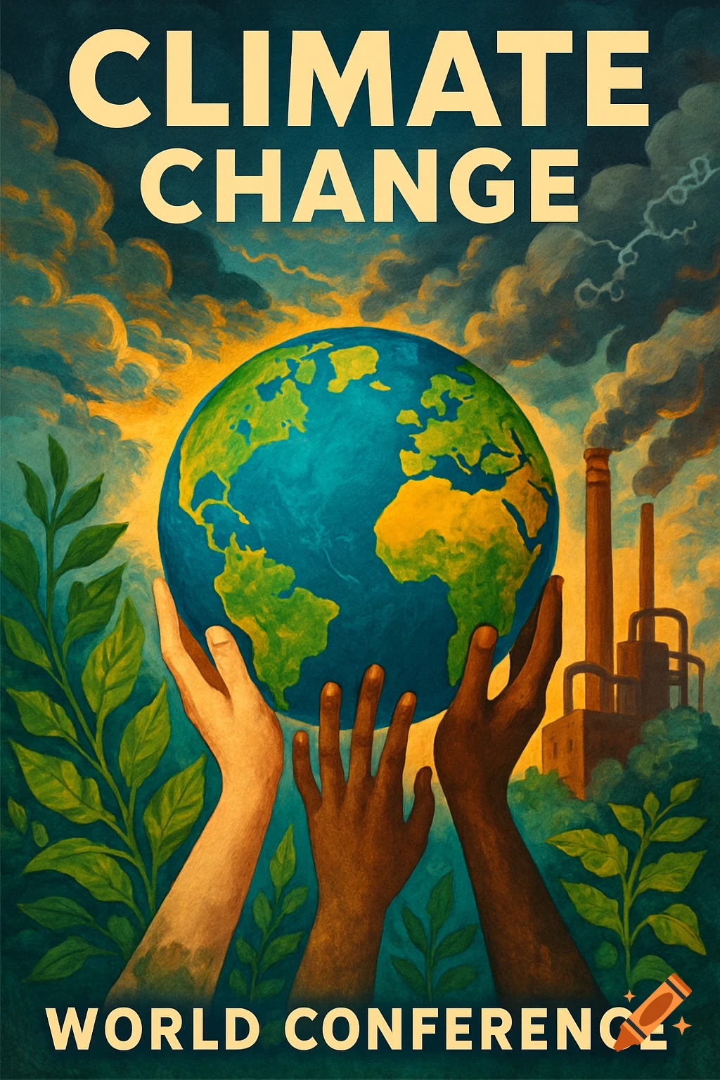 A climate change conference poster with "CLIMATE CHANGE" text. Diverse hands hold a globe, with leaves and smoking factories.