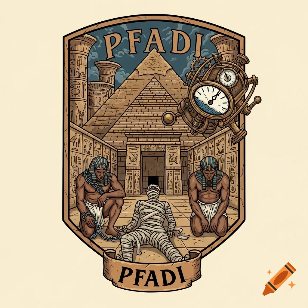 An intricate badge illustration featuring an Egyptian pyramid, hieroglyphs, two chained figures, a mummy, and a steampunk time machine, with 'PFADI' text.