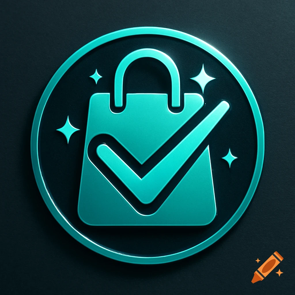 Teal shopping bag icon with a checkmark and sparkles in a circular emblem on a dark background.