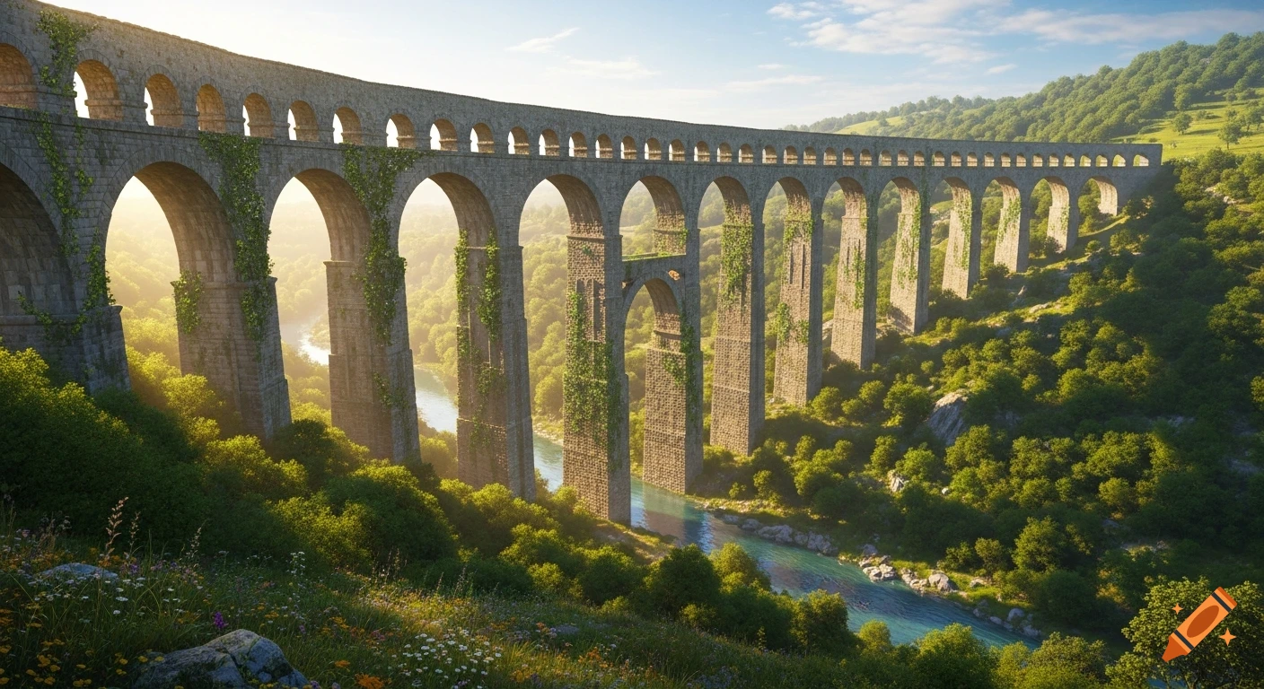 A long, ancient stone aqueduct with many arches stretches across a lush ...