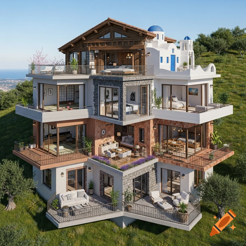 A multi-level hexagonal house with different architectural styles, including Japanese, chalet, and Greek elements, nestled on a green hillside overlooking the ocean.