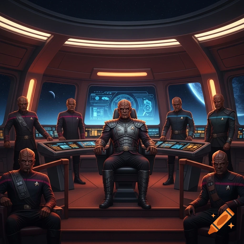 Klingon-like characters on a futuristic spaceship bridge, with a prominent figure seated at the command console, against a space backdrop.